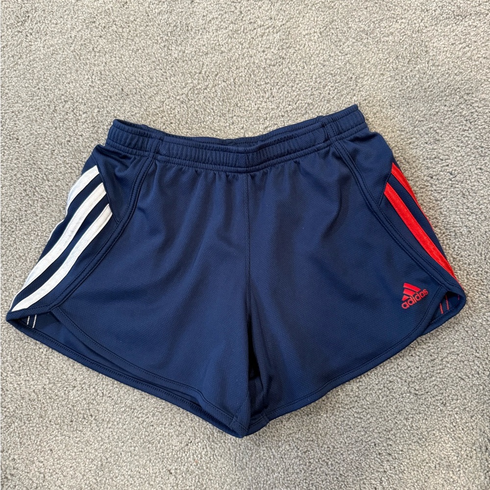 Adidas Girls Dark Blue Athletic Shorts with Red and White Stripes